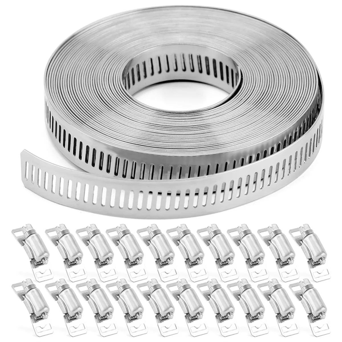 ステンレス鋼ホースクランプ、金属ストラップ、20個のファスナー、DIYカットフィットバンド、調整可能、大きなワーム、20フィート