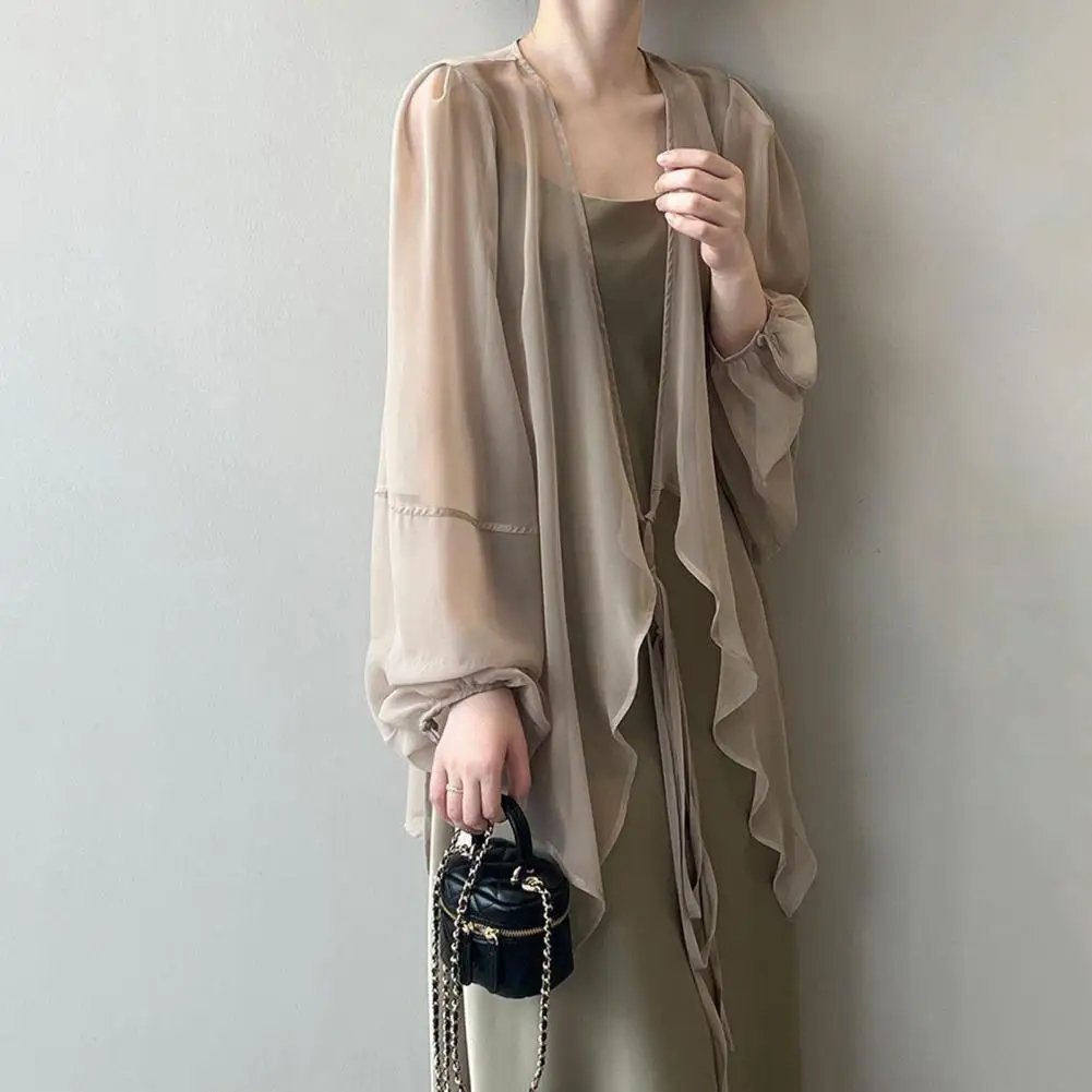 Chiffon Cardigan Solid Color Chiffon Cover up Women\'s Sun Cardigan with Lace up Sunscreen Coat Summer Blouse