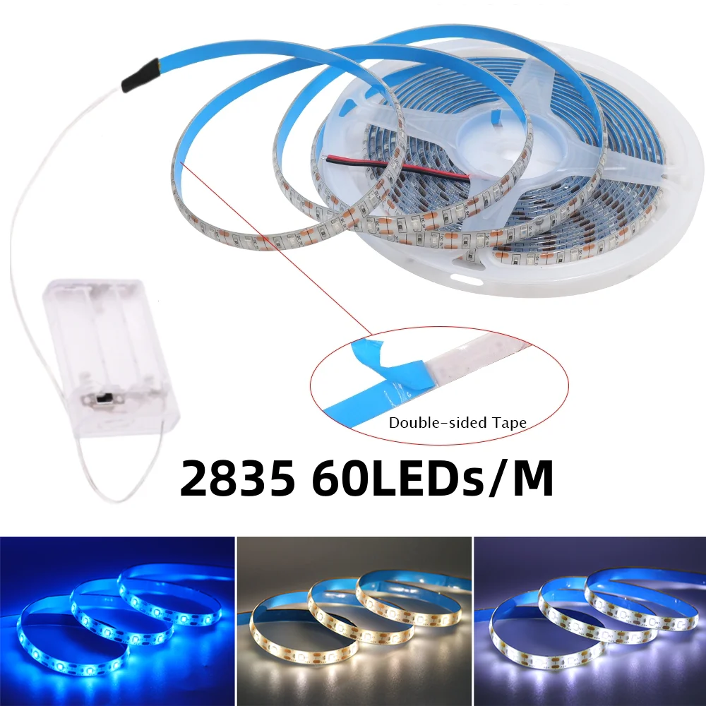 5V 2835 LED Lights Strip 8MM 60Leds/m LED Tape White Warm White Blue 3AA Battery Powered Flexible Ribbon Diode for Room Decor