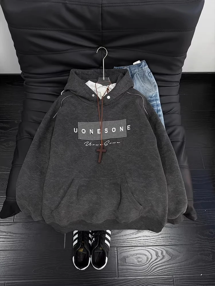 

Мужская толстовка с капюшоном в стиле ретро с американским буквенным принтом, осенне-зимняя, утепленная, повседневная, комфортная, теплая, из хлопка и полиэстера.