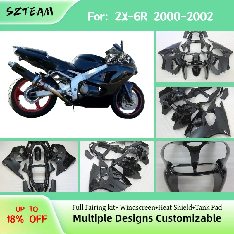 

For Kawasaki ZX6R 2000 2001 2002 Motorcycle Accessories Fairings ZX 6R 00 01 02 Bodywork Fairing Kit Glassy Black