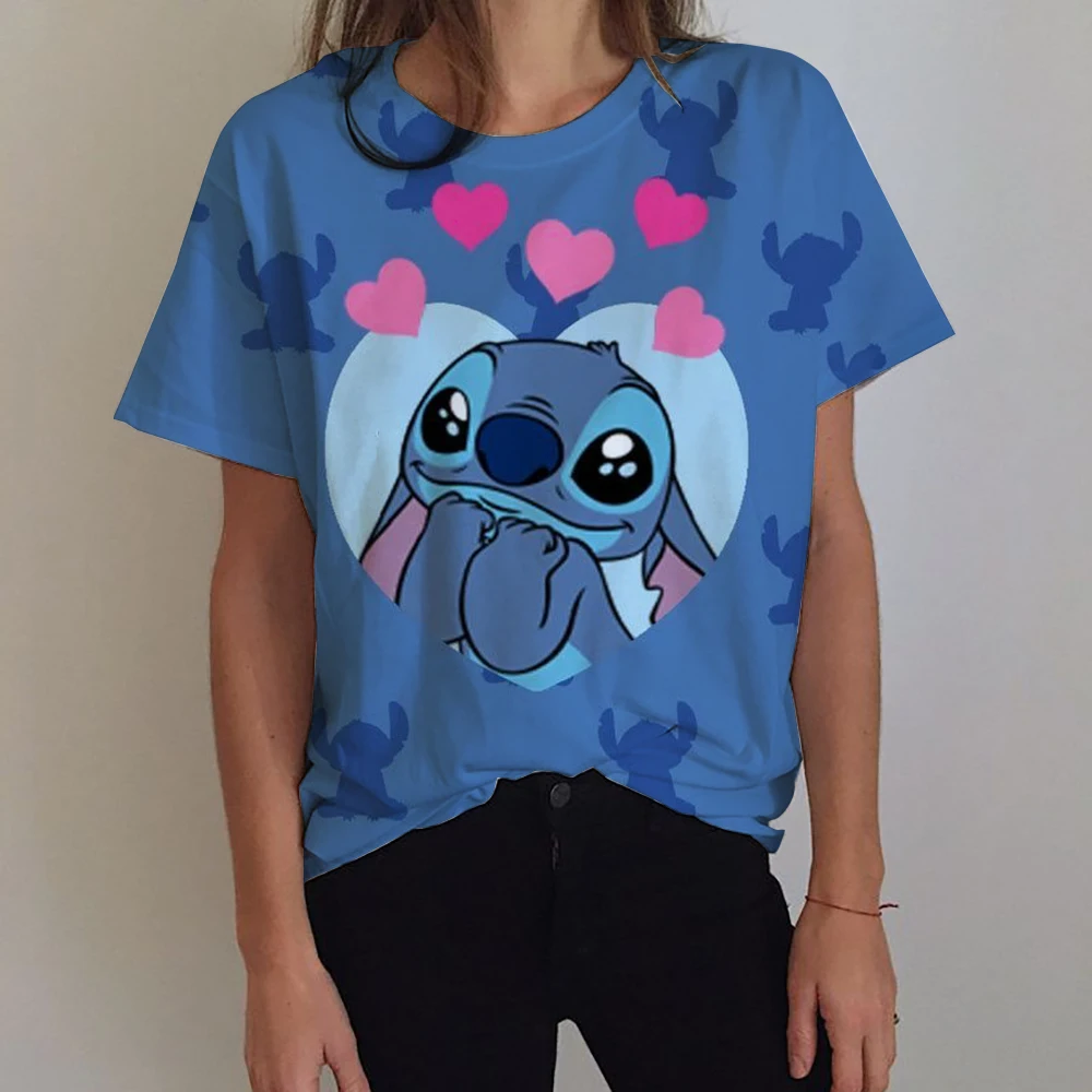 Kawaii Lilo Stitch Print Women's T-shirt Women's Summer Children's T-shirt Casual O-neck Ohana Stitch Disney T-shirt