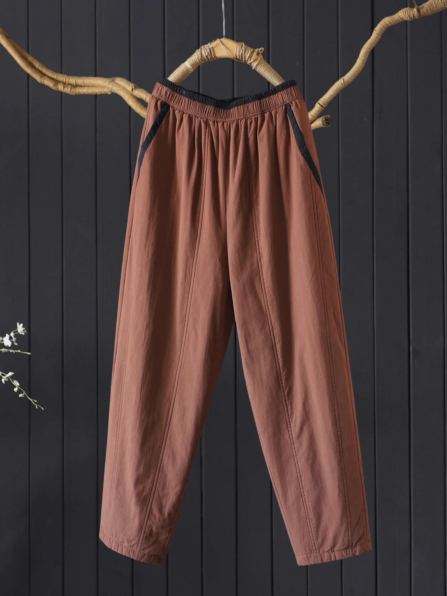 Pantalon de banlieue Harajuku Sle en coton Thiened Pantalon ajusté pour femme Taille élastique Pantalon long décontracté chaud Couleur contrastée...