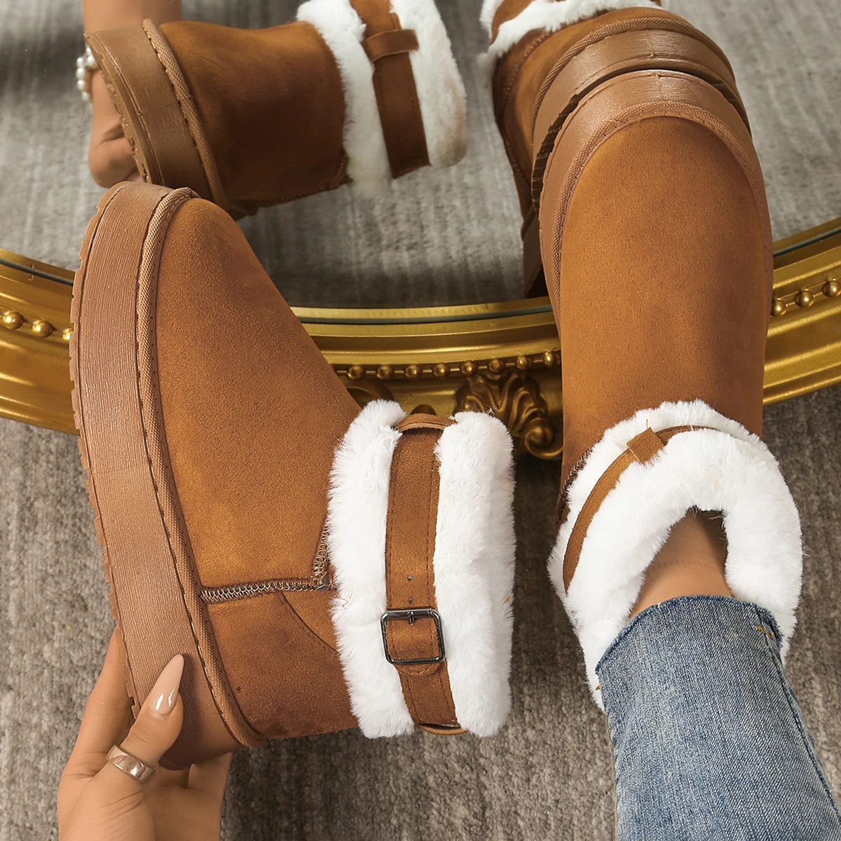 

2025 New Women Boots Metal Buckle Thicken Warm Ankle Boots Women Sexy Non Slip Soft Cotton Shoes Woman Platform Plush Snow Boots