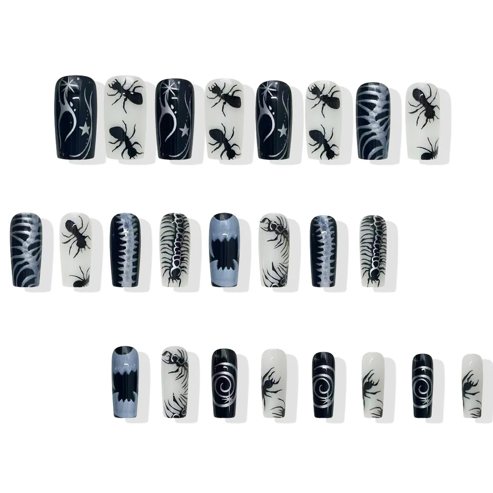 24 uñas postizas estilo Thriller con patrón de insectos de Halloween, press-on, negras punk, decoración de arte de uñas 3