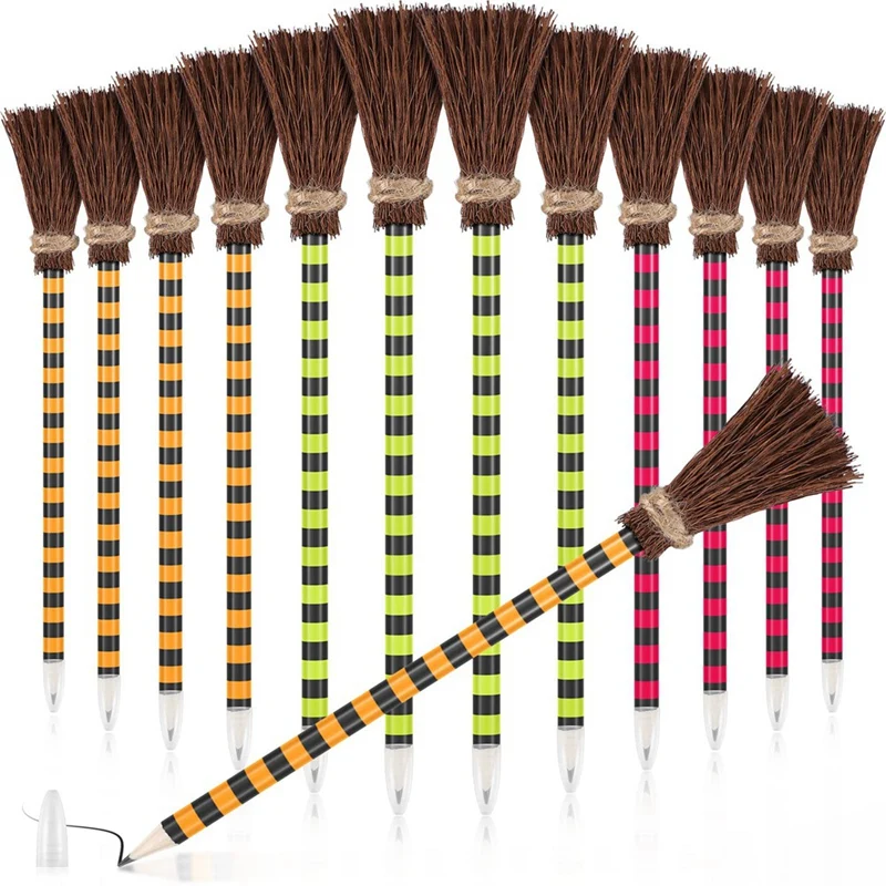 12 Piece Halloween Witch Broom Pencil Colorful Witch Broom Pens Wizard Broom Writing Pencils Wood Witch Broom Pencil