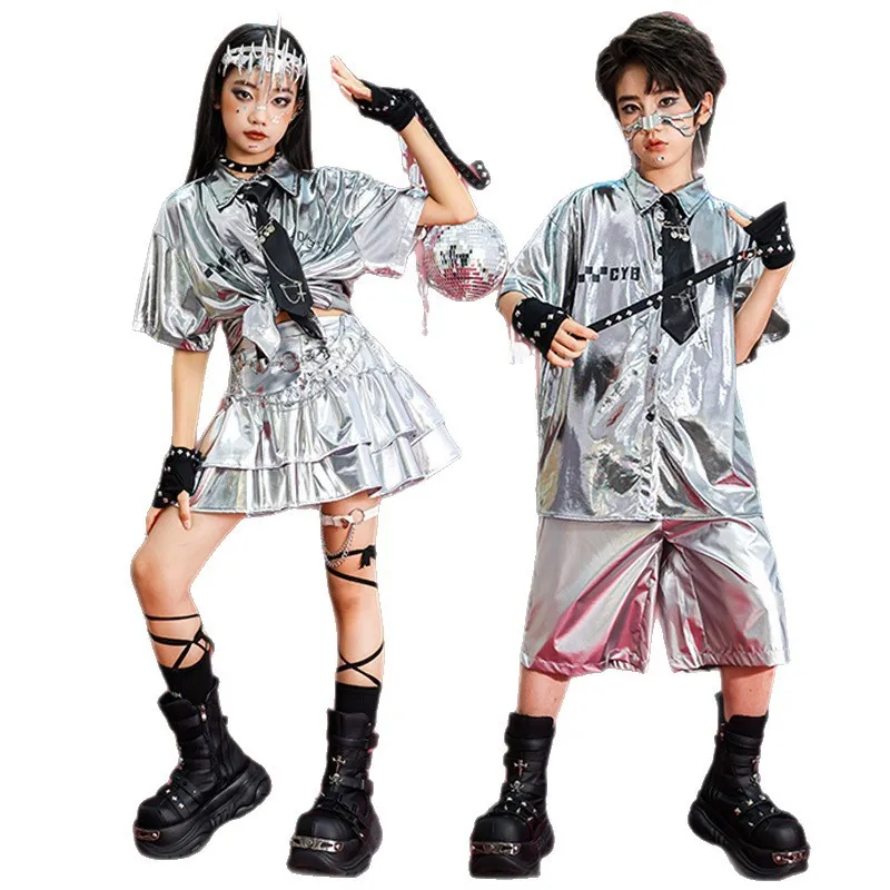 

Hip Hop Boys T-shirt Street Dance Silver Pants Girls K-pop Shiny Joggers Kids Jazz Clothes Set Child Summer High-tech Streetwear
