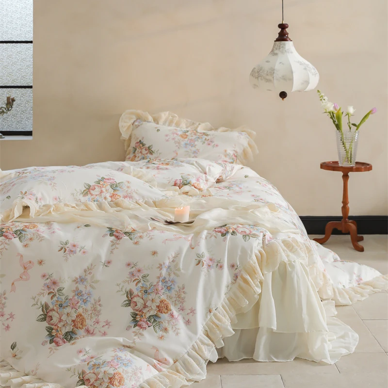 Korean Style Flowers Print Bedding Sets Luxury Princess Lace Ruffle Duvet Cover Bed Skirt Pillowcases 100% Cotton Home Textile