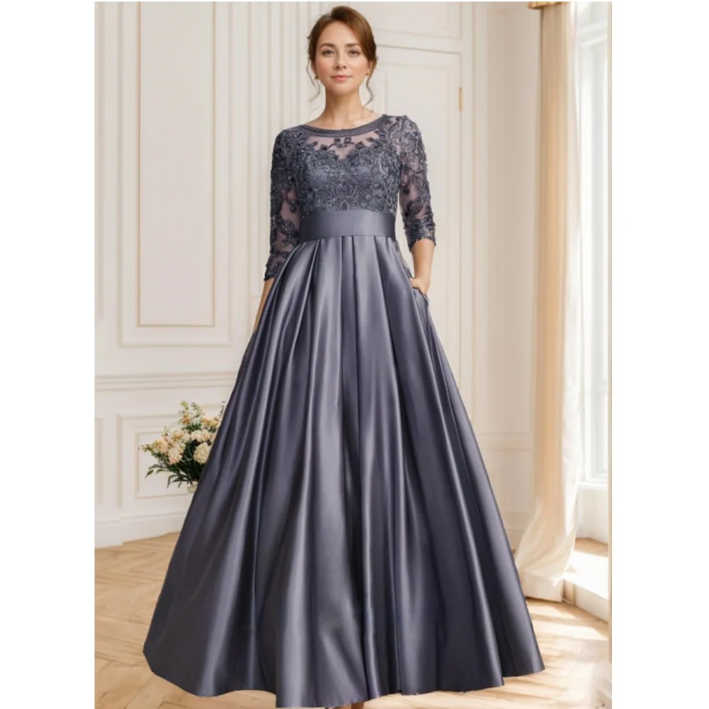 

Mother of The Bride Dresses for Wedding 3/4 Sleeve Satin Long Formal Evening Gown Lace Applique Wedding Guest Dress with Pockets