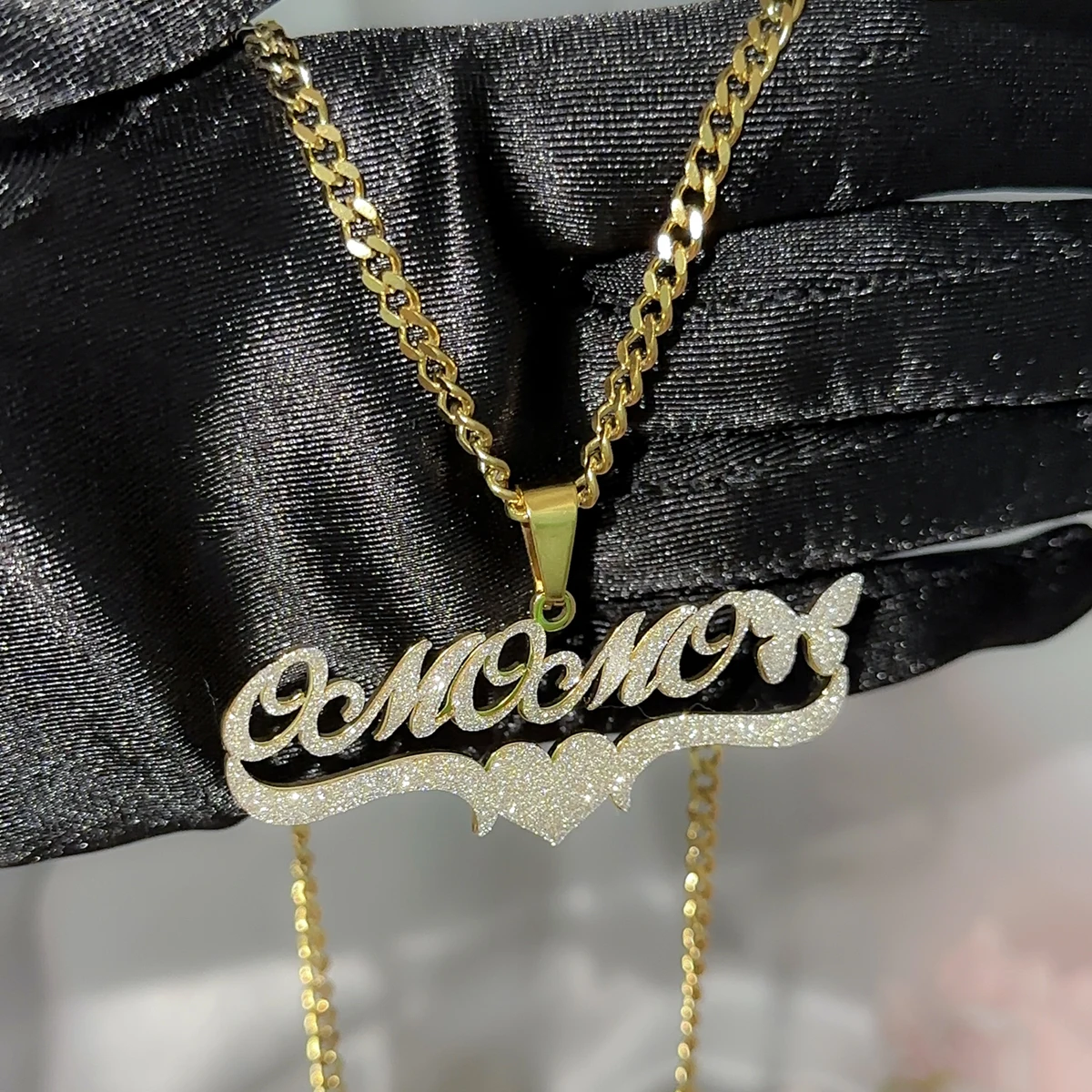 New Bling Name Necklace Custom 18k Gold Heart Butterfly Pendant Stainless Steel Cuban Chain Pendant for Women Detachable Jewelry