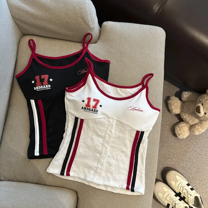 Women Letter Print Camisole Patchwork Lace with Chest Pad Sporty Contrast Colour Camis Football Sleeveless Tight Corset Vests