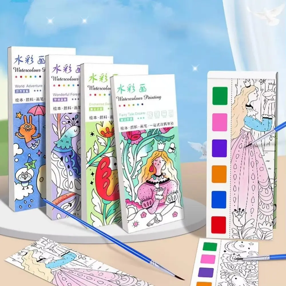 12 Sheets Watercolor Pocket Drawing Book Educational Cartoon Painting Drawing Art Book with Water Brush Watercolor Paint Pad