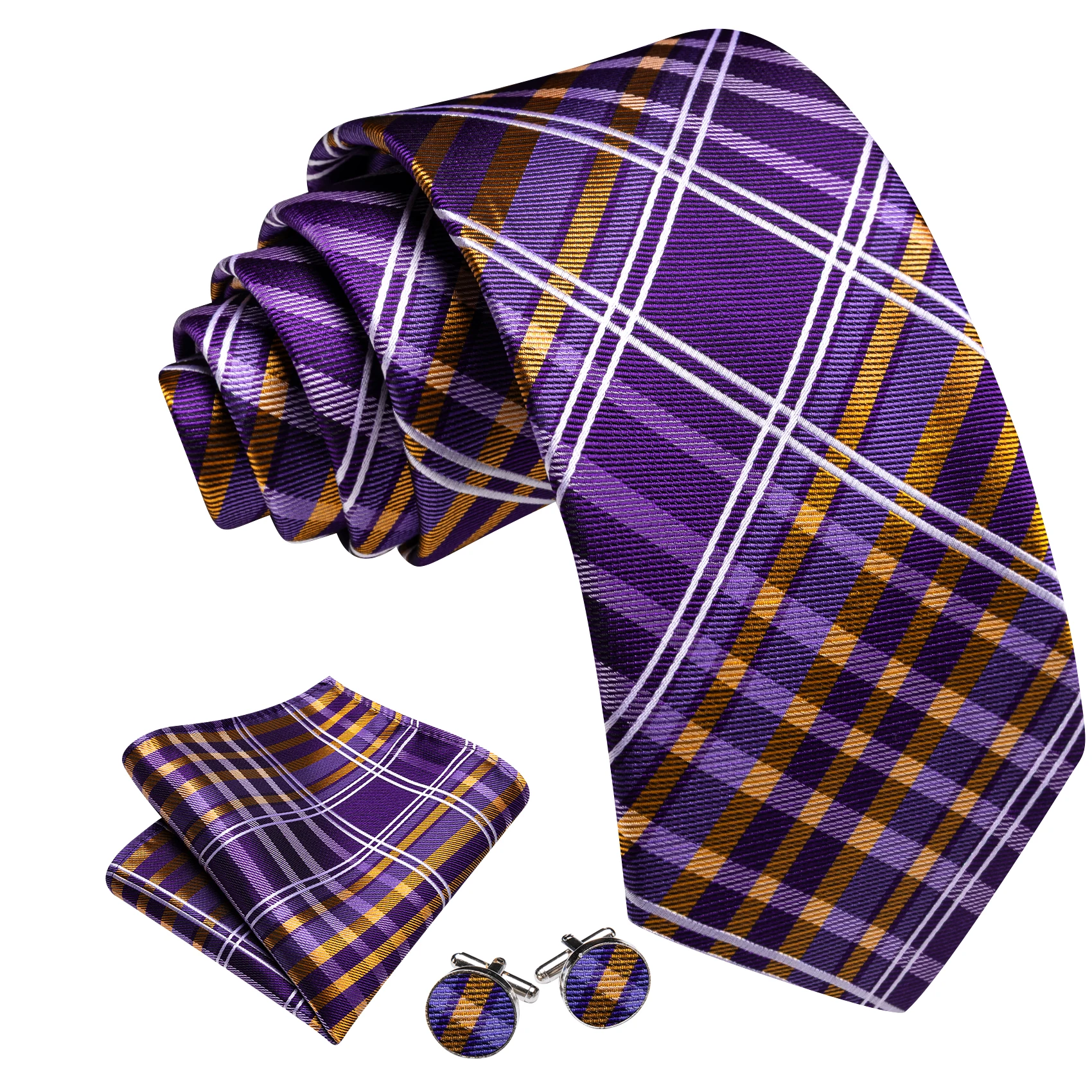 Men Tie Pocket Square Cufflink Set Multi-Color Check Plaid Necktie Formal Business Wedding Party Suit Accessories Jacquard Woven