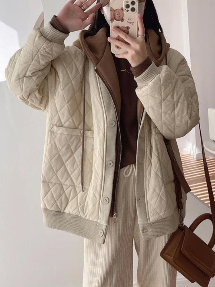 

Womens Winter Clothing 2024 Quilted Coat Warm Parka Cotton-padded Jacket Women Korean Fashion Hooded Coats Patchwork Clothes