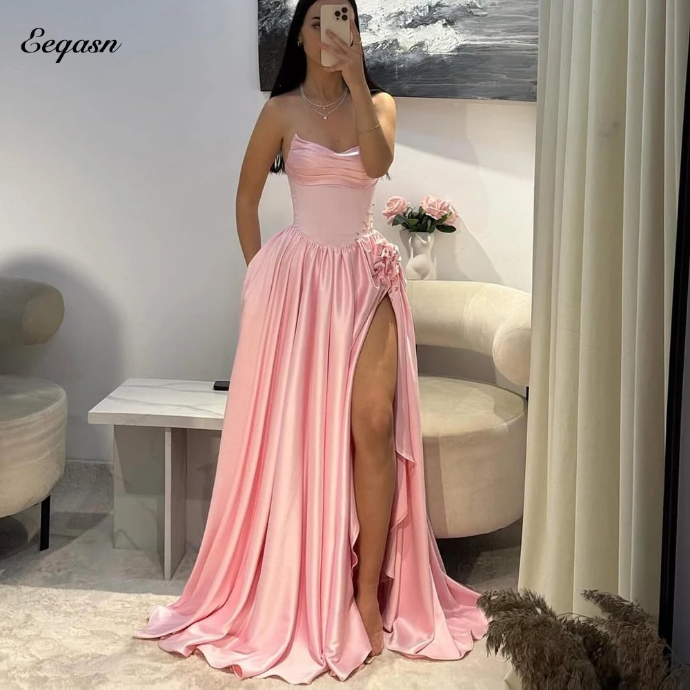 

Elegant Satin Evening Dresses Sexy High Slit A-line Prom Dress Long Strapless Crystal Wedding Party Robe De Soiree Customized