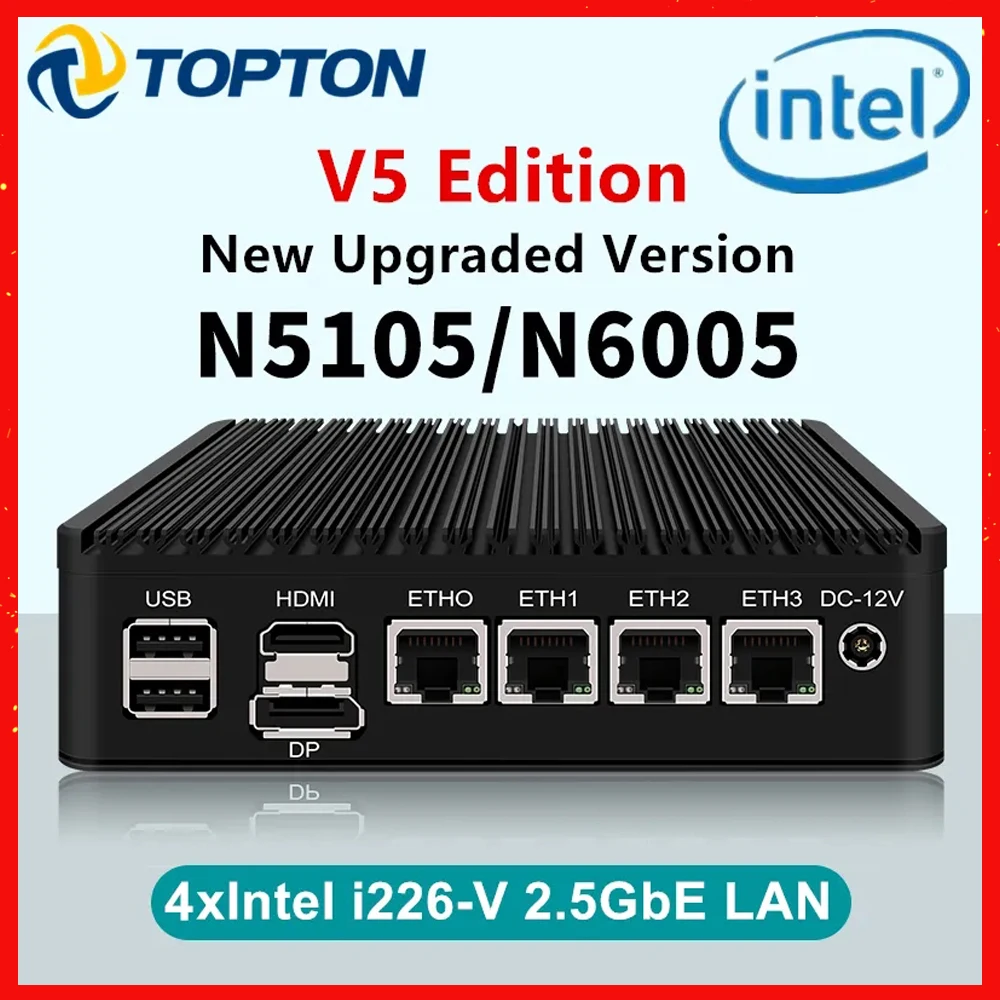 4 Intel i226 2.5G 11th Gen Pentium N6005 V5 Firewall Soft Router DDR4 2*NVMe TPM2.0 3x4K OPNsense ESXi Proxmox Fanless Mini PC