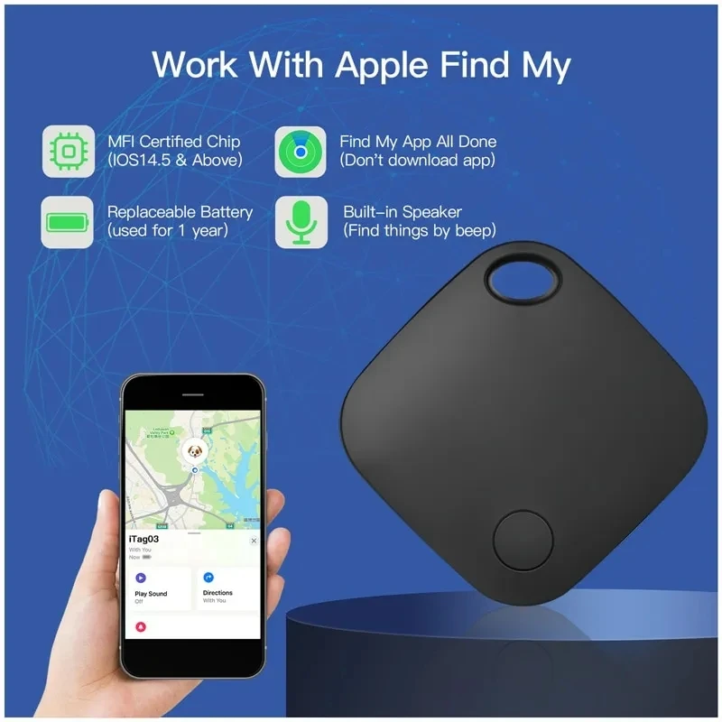 Mini GPS Tracker Airtag Bluetooth Key Finder with Apple Find My Network iOS Only Smart Tag Tracker Item Locator for Bags Luggage