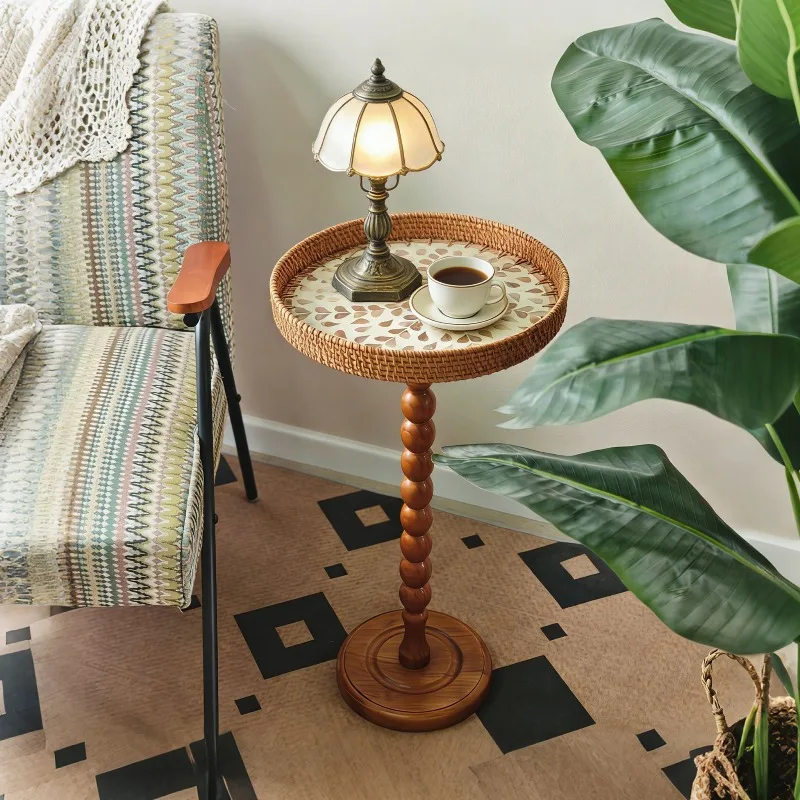 Bohemian Handmade Shell Coffee Tables Rattan Round Side Table Casual Corner Tea Desk for Living Room Bay Window Home Decor
