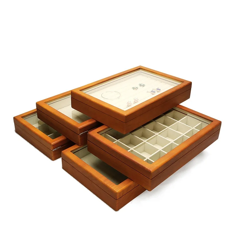 

Jewelry Display Stand Decorative Tray with Lid Solid Wood Pendant Organizer Bead Earring Box Glass Cover