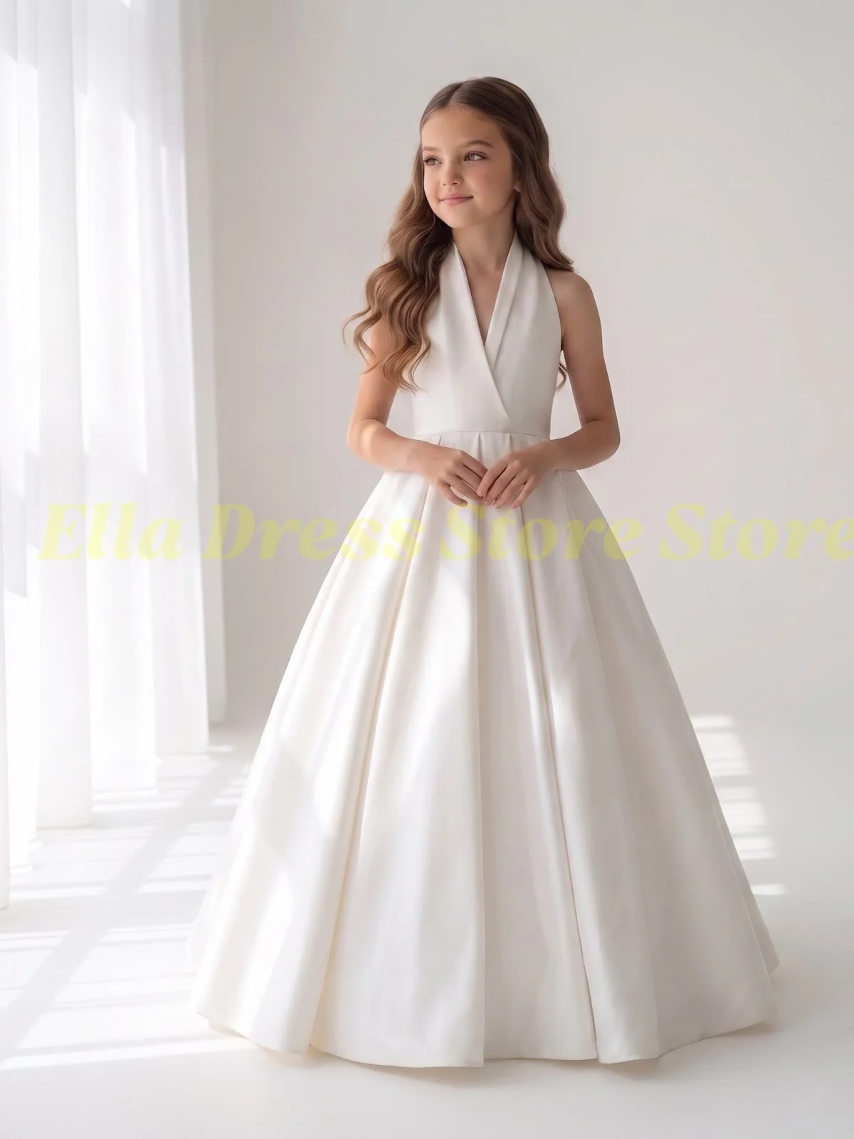 Großhandel Satin Puffy Blumenmädchenkleid für Hochzeit, Geburtstag, Festzug, Formelle Kleider, A-Linie, bodenlang, Kinder-Prinzessinnenkleider – Detail 6