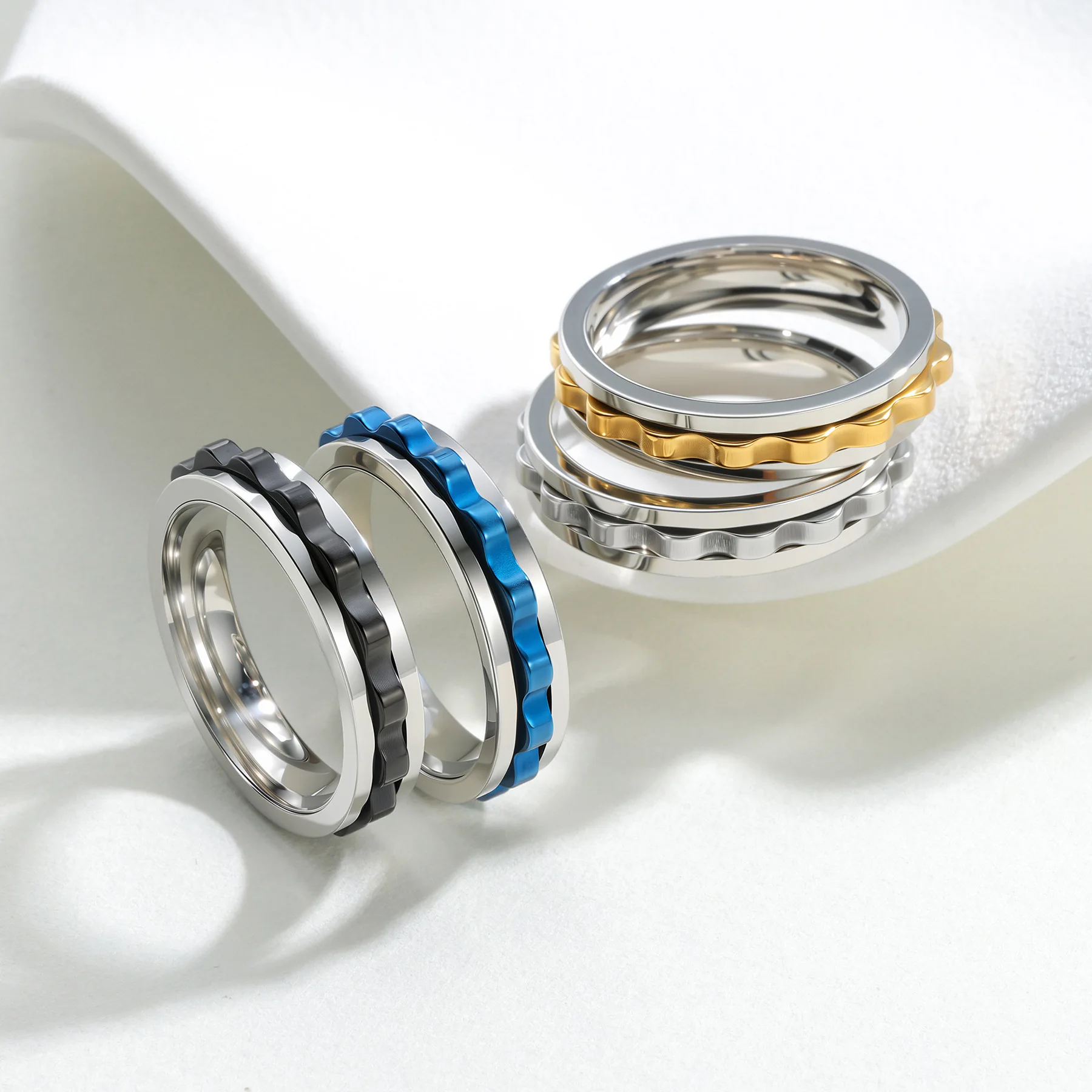 Gear Chain  Anti Stress Stainless Steel Ring For Men Rotating Anxiety Relief Spinning Fidget Rings Punk Jewelry Size 6-13