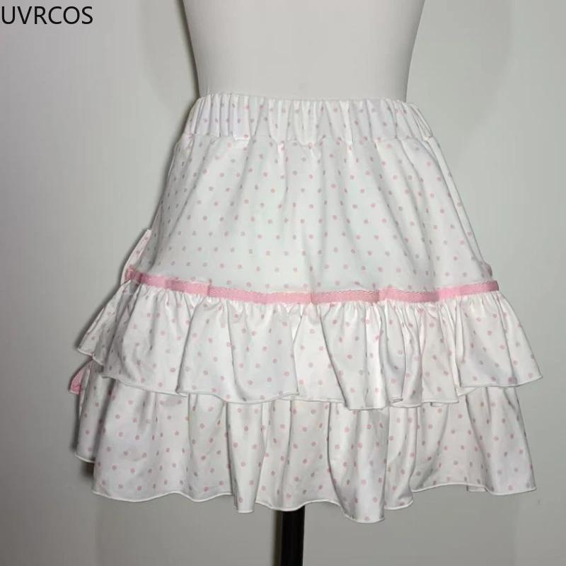 Kawaii Lolita Style Cake Mini Skirts Japanese Women Sweet Polka Dot Print Bow Pleated Skirts A-Line Y2k Short Skirt Faldas Mujer