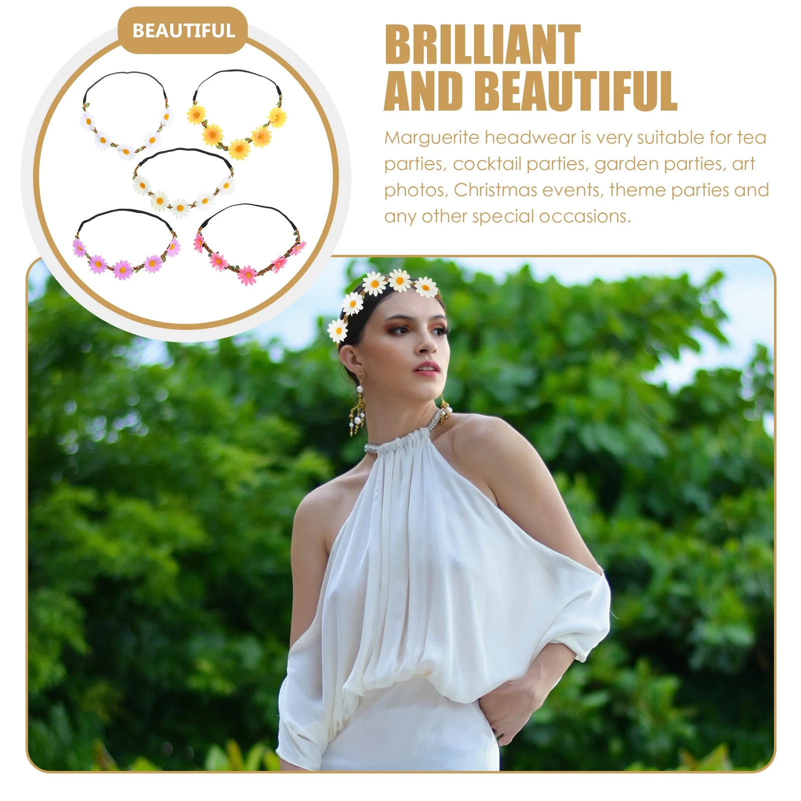 

5pcs Cloth Marguerite Headband For Women Girls Lightweight Floral Hair Band Natural Gradual Color Change Comfortable All-Day