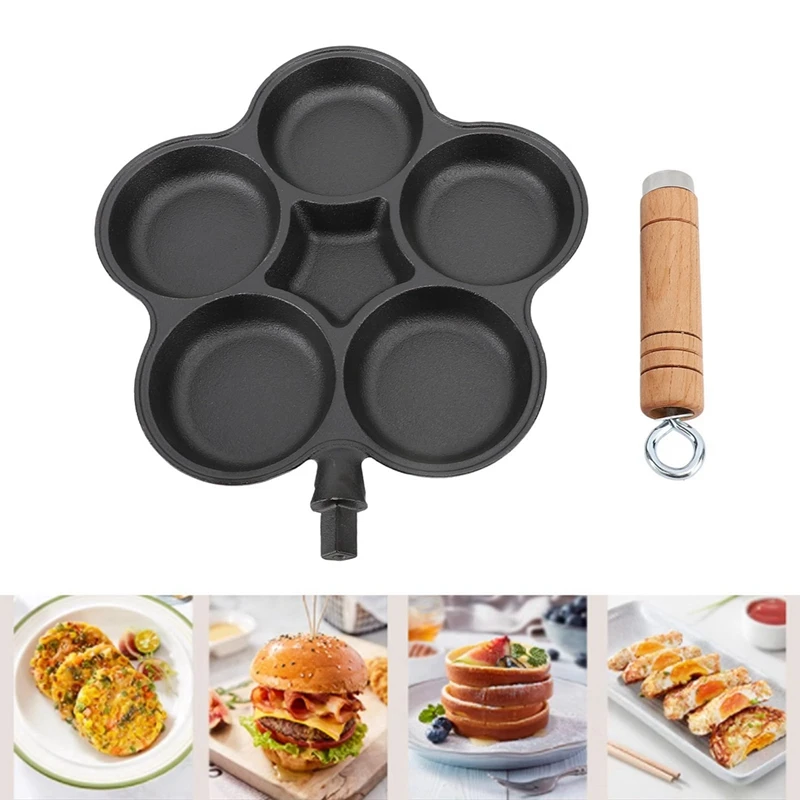 Cast Iron Pan, Uncoated Breakfast Pan, Non-Stick Omelette Pan, Five-Hole Hamburger Mold, Egg Dumpling Frying Pan