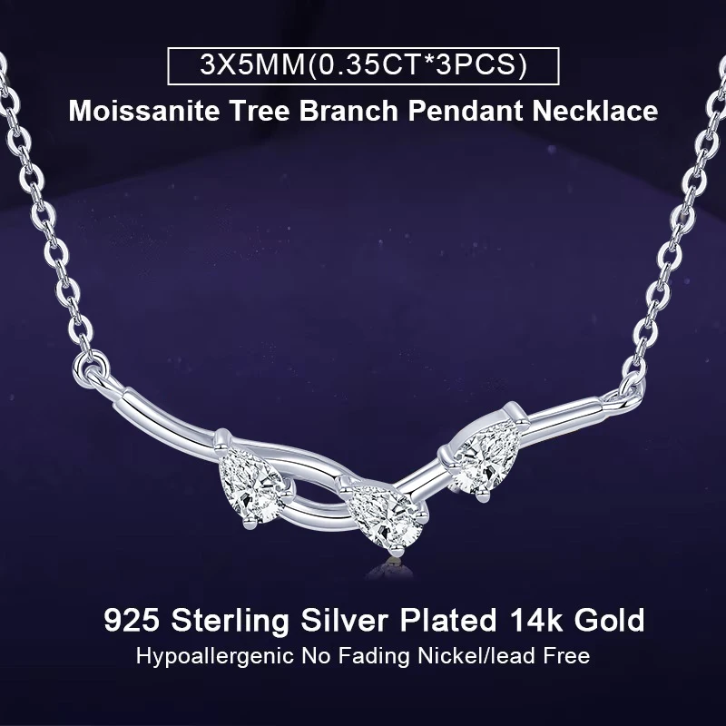 

IOGOU Luxury 1.05cttw Pear Cut Full D Moissanite Tree Branch Pendant Necklace for Women Real 925 Silver Engagement Jewelry Gift