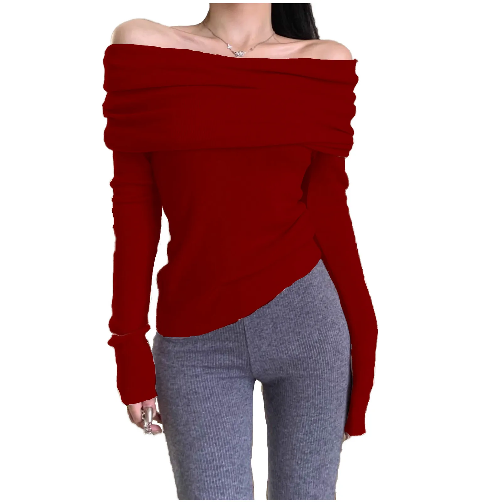 Women'S Solid-Color Fashion Off-The-Shoulder Pullover Sweater Sexy Slimming Stylish Sweater Elegant And Aesthetic Casual Top