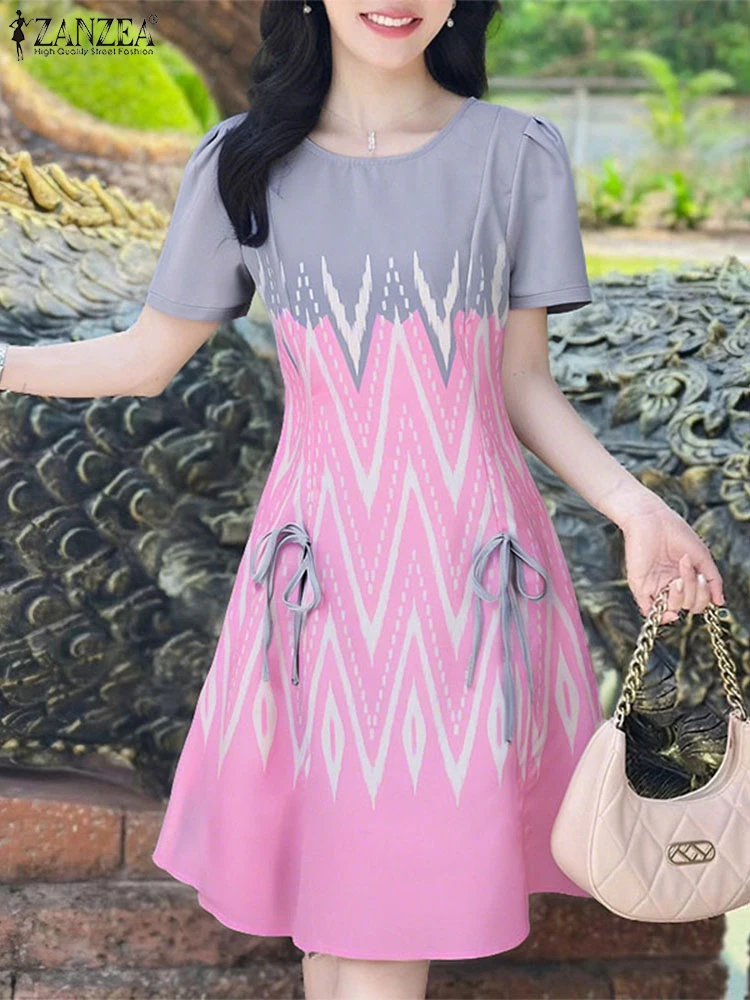 

ZANZEA Retro Print Dress Elegant Office Sundress A-line Bow Summer Vestidos 2025 Casual Lace-Up Short Sleeve Mid-Calf Robe Femme