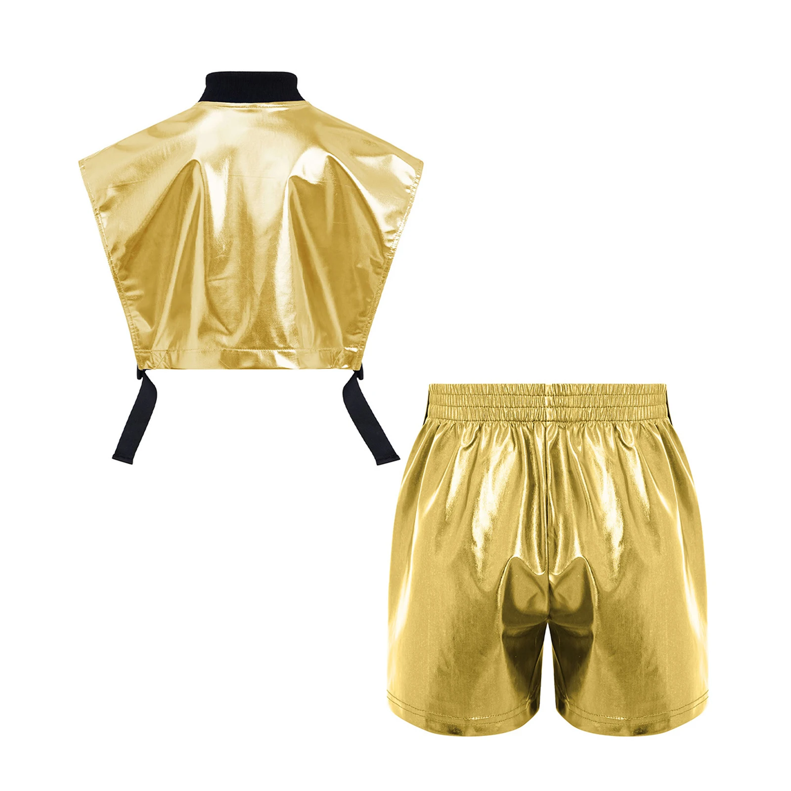 Kinder Mädchen Hip-Hop Jazz-Tanz-Outfit Aufführungskostüm mit seitlich geöffneter Metallweste mit Reißverschluss und seitlichen Druckknöpfen sowie glänzenden Shorts – Detail 24