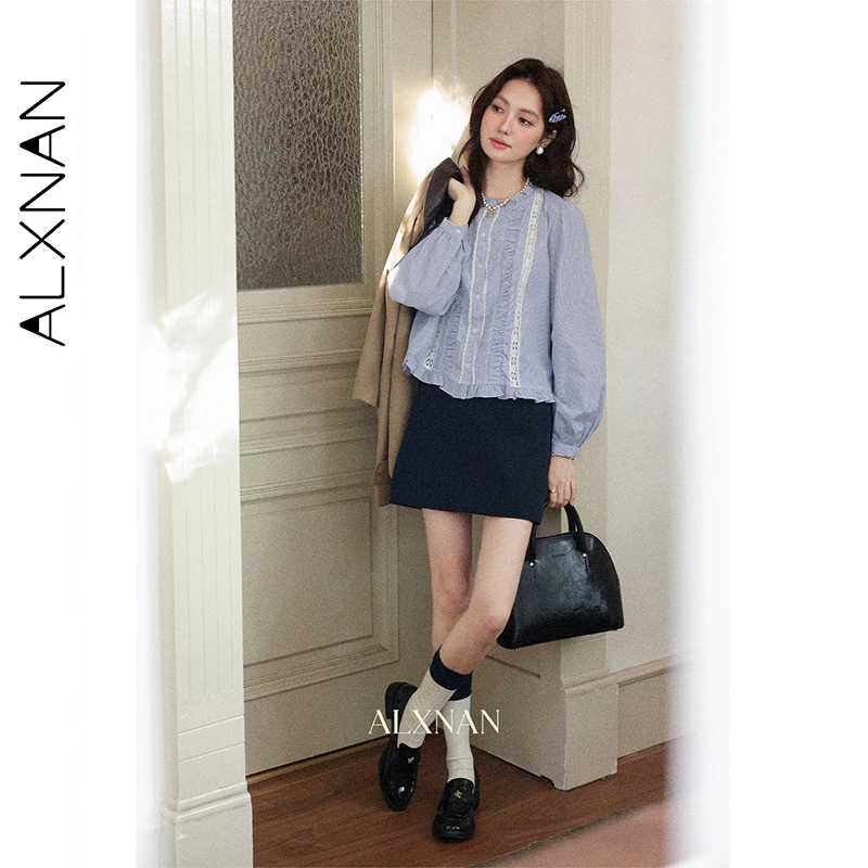ALXNAN White Shirt Women 2025 Fall Wood Ear Long Sleeve Cotton 100% Blouses Casual Elegant Office Lady Tops Female L57238