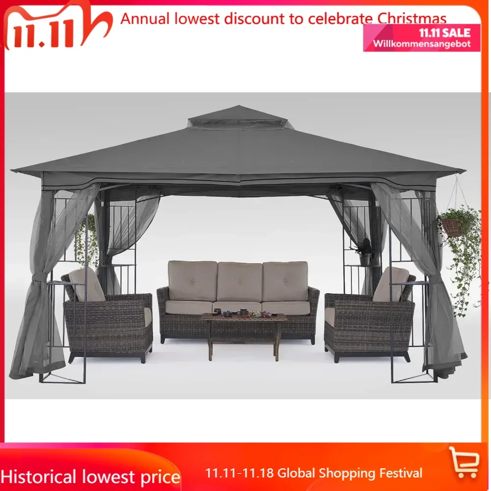 Patio Outdoor Gazebo with Netting Screen Walls and Corner Shelf Design (11x11)