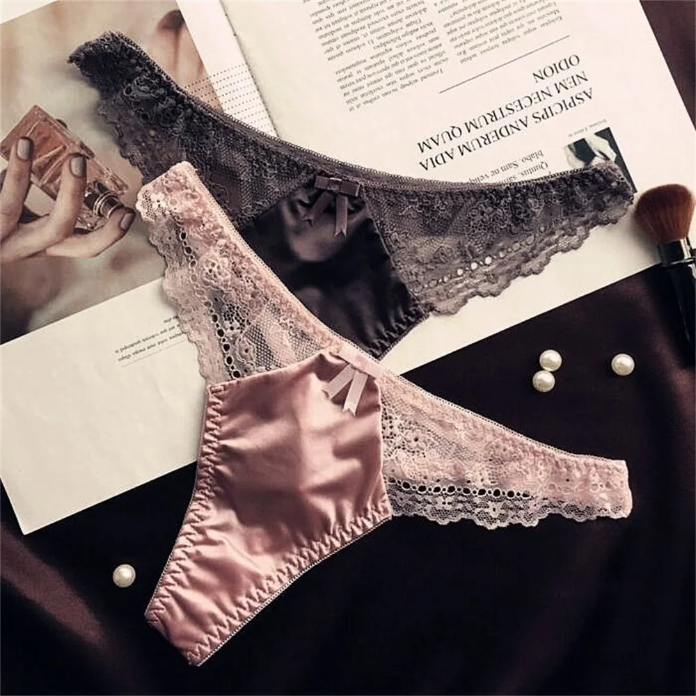 

Сексуальные трусики-стринги из гладкого блестящего атласного шелка с кружевом, низкая талия, бесшовное нижнее белье с бантом