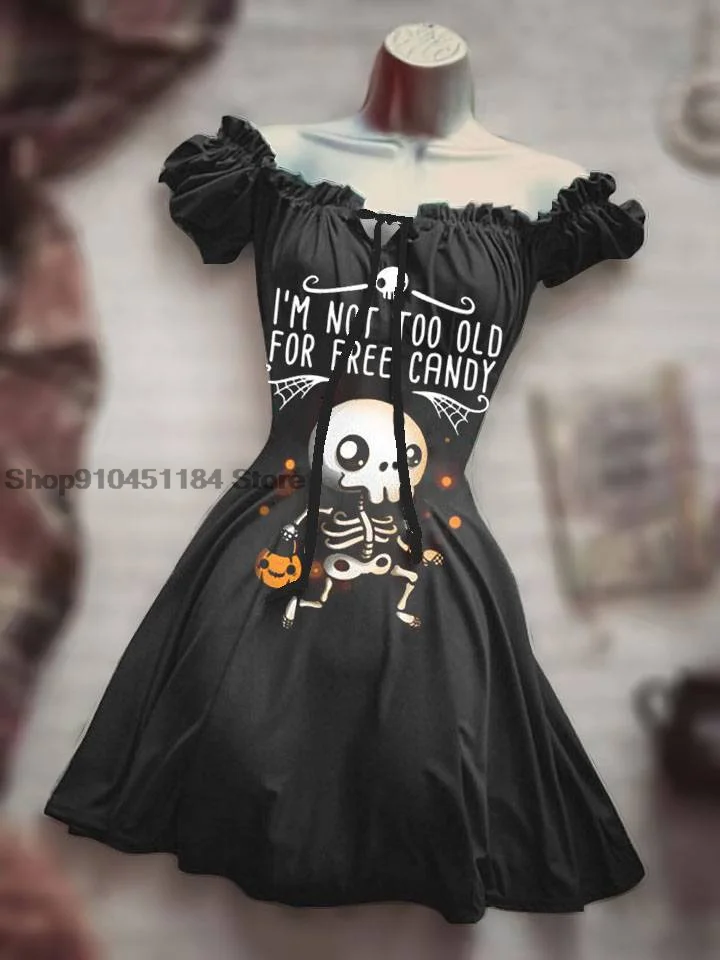 Summer New Drawstring 3D Printing Personalized Halloween Clothing Skull Skirt Hawaiian Bohemian Fluffy Sleeves Sexy Dress