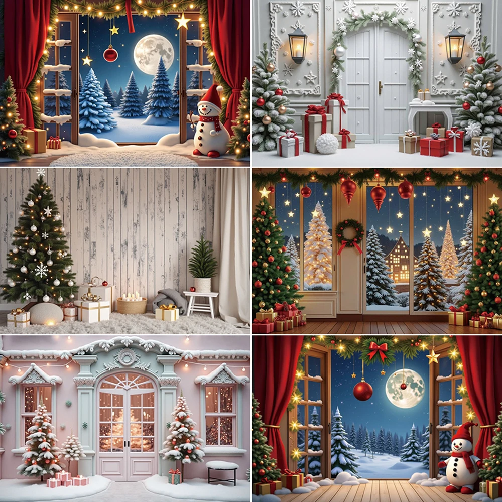 

MOON.QG 2025 Christmas Photography Background Arch Window Fireplace Wooden Door Photocall Backdrop Child Studio Photobooth Props