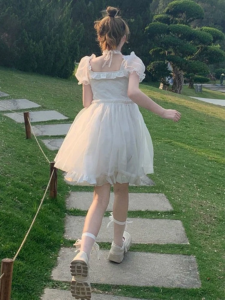 Vestido de hada Kawaii de malla para mujer, Vestido corto de Lolita con mangas abullonadas, volantes, Estilo Vintage, elegante, 2023