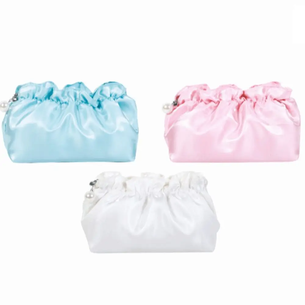Portable Polyester Makeup Bag Cloud Shape Drawstring Closure Cosmetic Pouch Shiny Surface Wrinkle Fabric Wash Bag Women