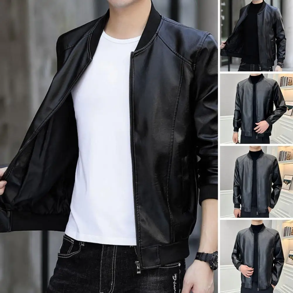 Men Baseball Collar Jacket Durable Men Faux Leather Jacket Comfy Men's Faux Leather Jackets for Sports Office Parties for Autumn