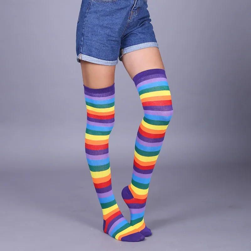 Women Girls Over Knee Long Stripe Printed Thigh High Cotton Socks Sweet Rainbow Stockings Cosplay Costume Lolita Long Socks