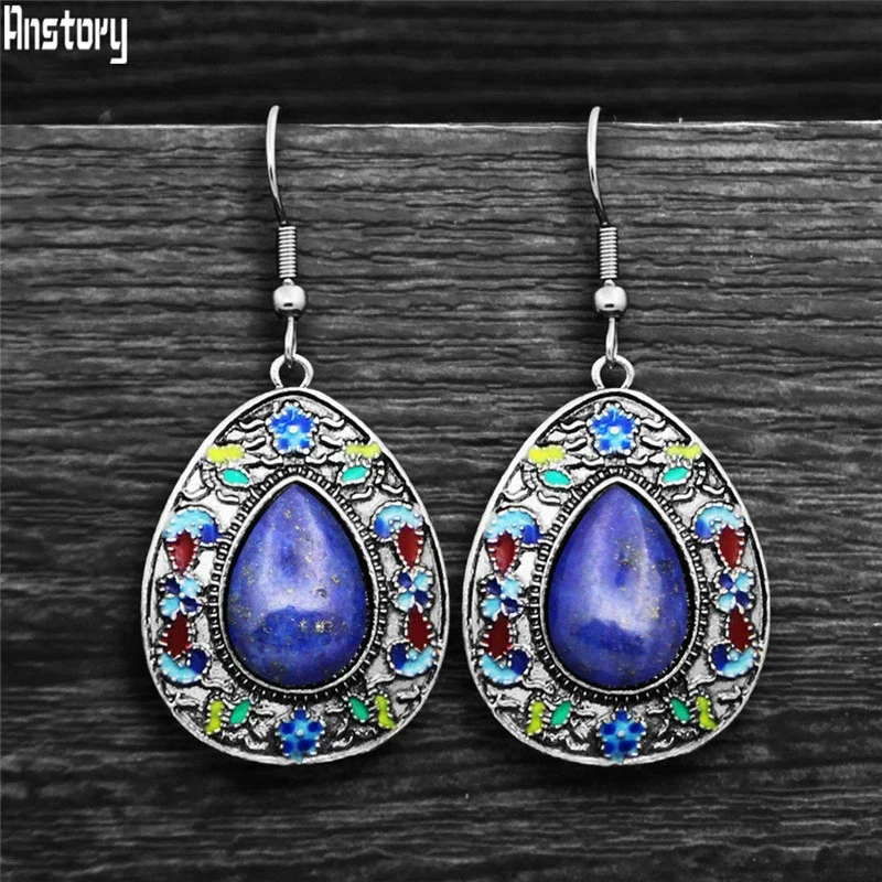 Vintage Water Drop Quartz Lapis Earrings For Women Bohemia Painting Craft Flower Natural Stone Stainless Steel Hook Earring