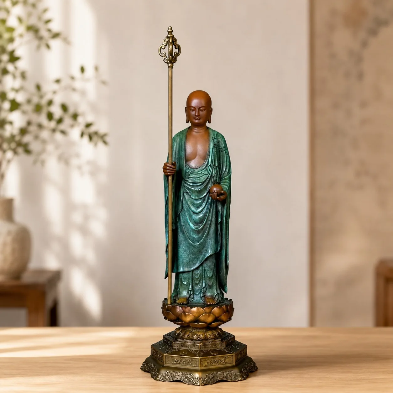 Handcrafted Copper Ksitigarbha Bodhisattva Statue for Traditional Chinese Buddhist Tabletop Home Office Sanctuary Decor Gift