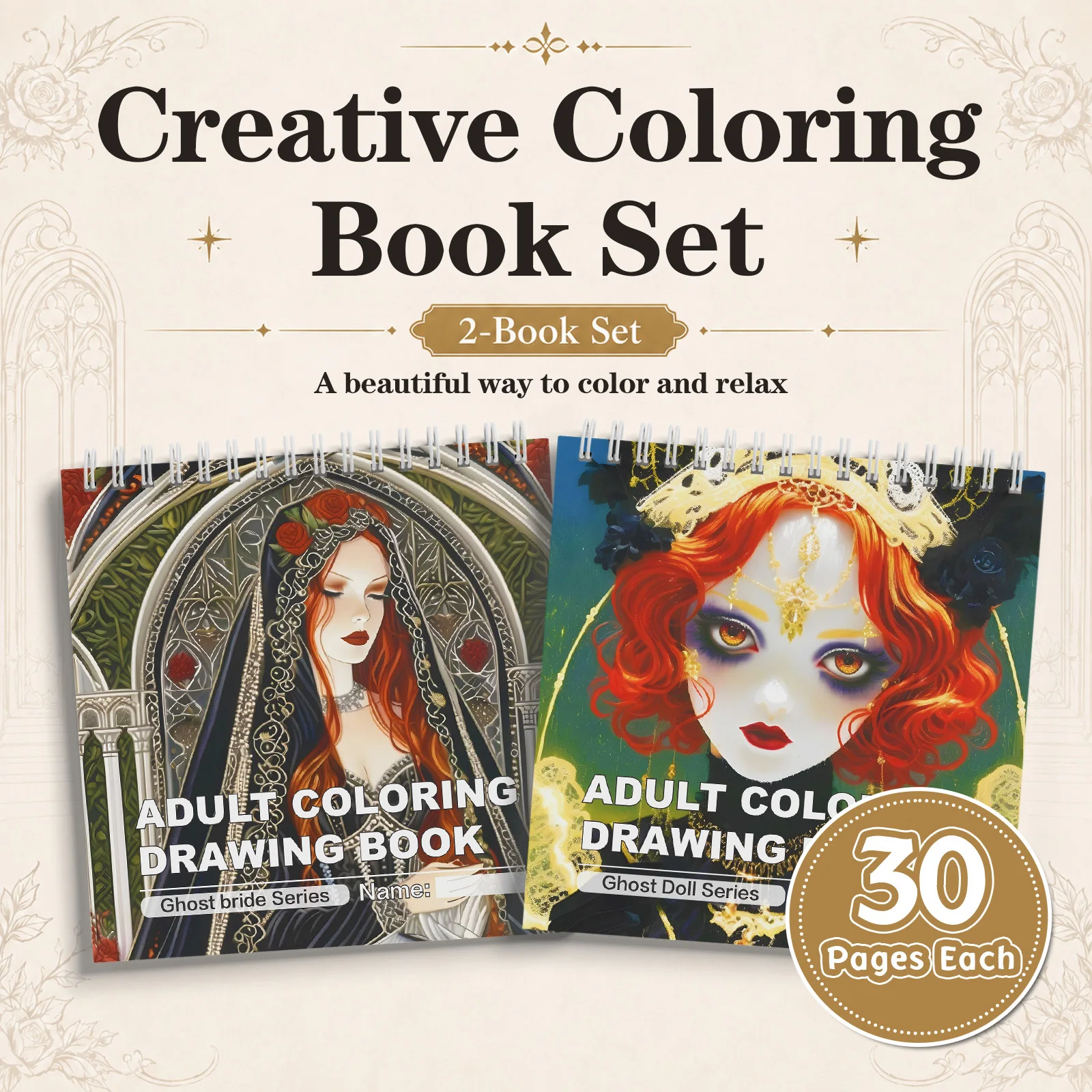 Gothic Fantasy Adult Coloring Book Set 2-Pack: Ghost Bride & Ghost Doll Portrait Drawing Books, Top Spiral Bound