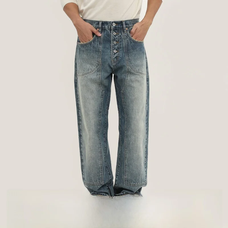 

Washed Denim Motorcycle Riding Pants Loose Fit Red Ear Jeans Youth Trendy Middle Waist Straight Leg Non-Stretch Cotton 100%