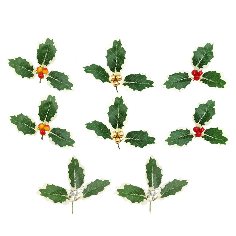

8pcs Artificial Holly Leaves Berries Christmas Tree Decor Small Berry Embellishment For Diy Cake Topper Indoor Outdoor Use