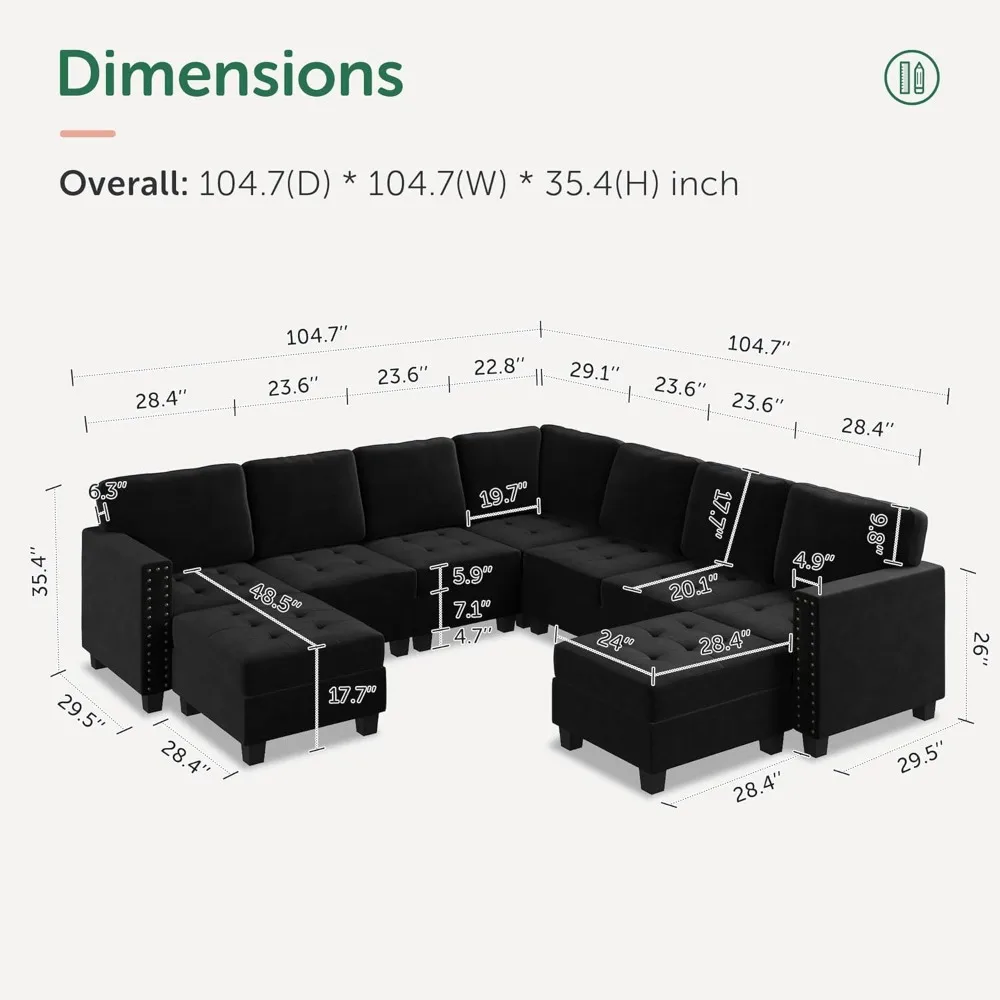 Velvet Convertible Sectional Couch, U Shaped Sectional Sofa with Chaise Modular Sectional with Storage Ottoman Corner Cou