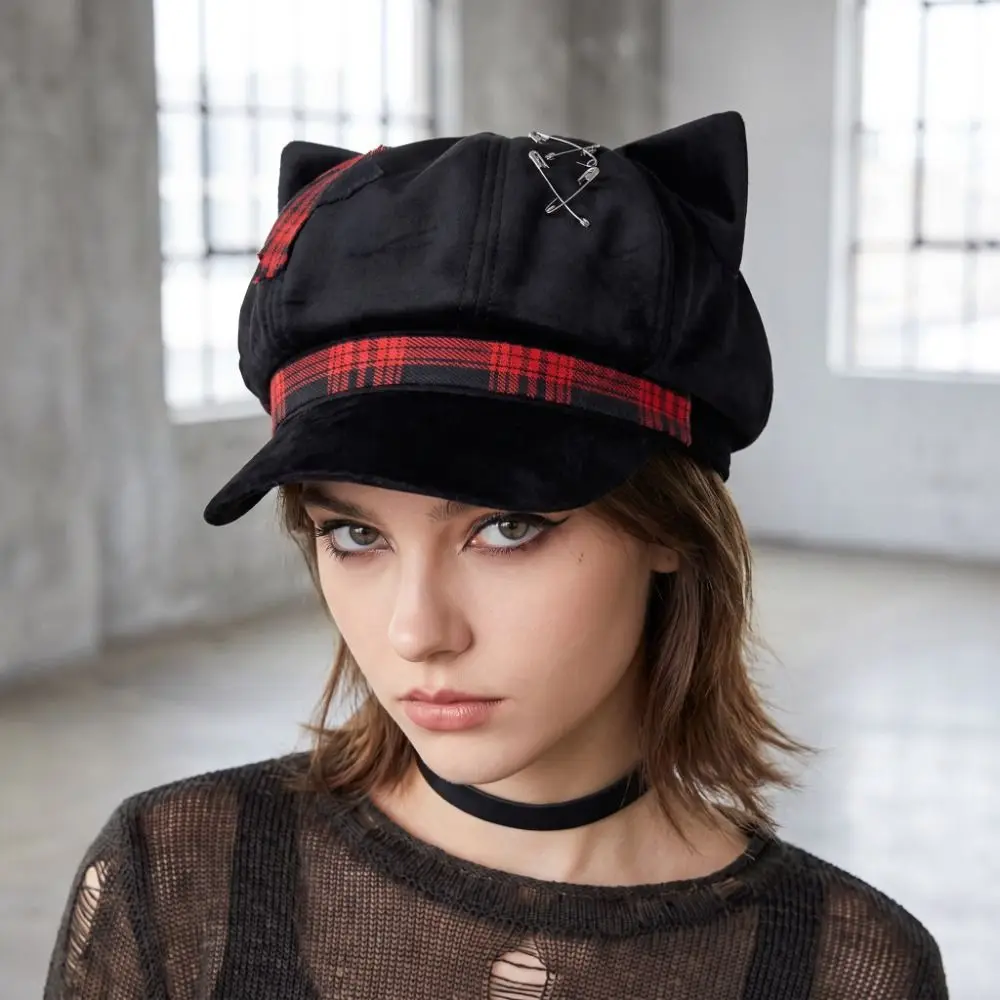 Casual Thin Brim Cat Ears Beret Hat Irregular Spice Girl Painter Artist Cap Y2K Lollita Plaid Octagonal Hat Women