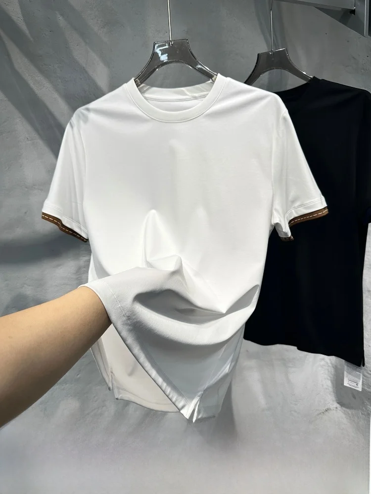 

High-End Supima Cotton Busin Casual ort Sve Men's T-irt Laid-Ba Luxury Sle Summer Thin Stand Fit round Ne