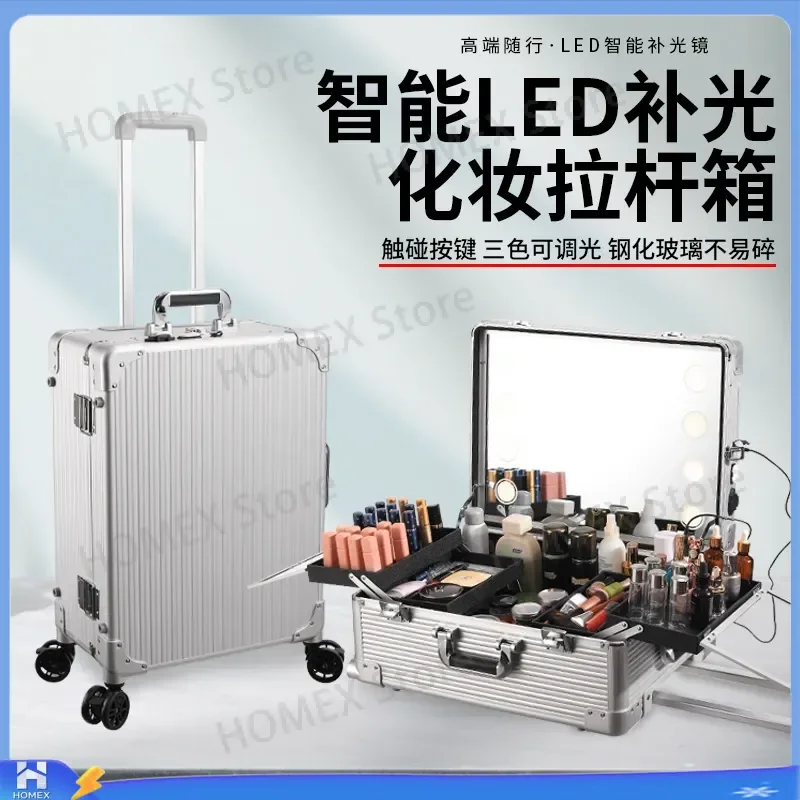 Professional Makeup Case with Light and Tempered Glass Mirror Portable Rolling Trolley Cosmetic Box for Bridal Makeup Artist